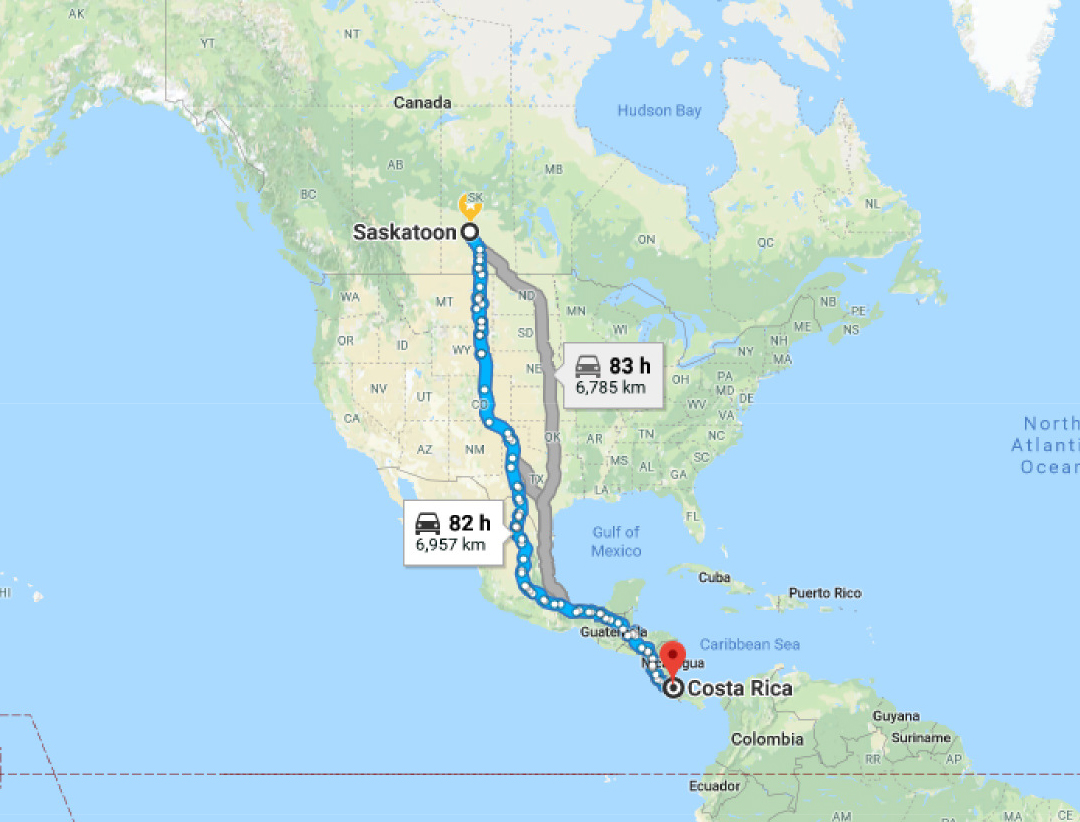 distance from Saskatoon to Costa Rica